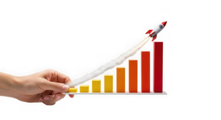 Ai generated image of rocket launching up a growth chart isolated on transparent background