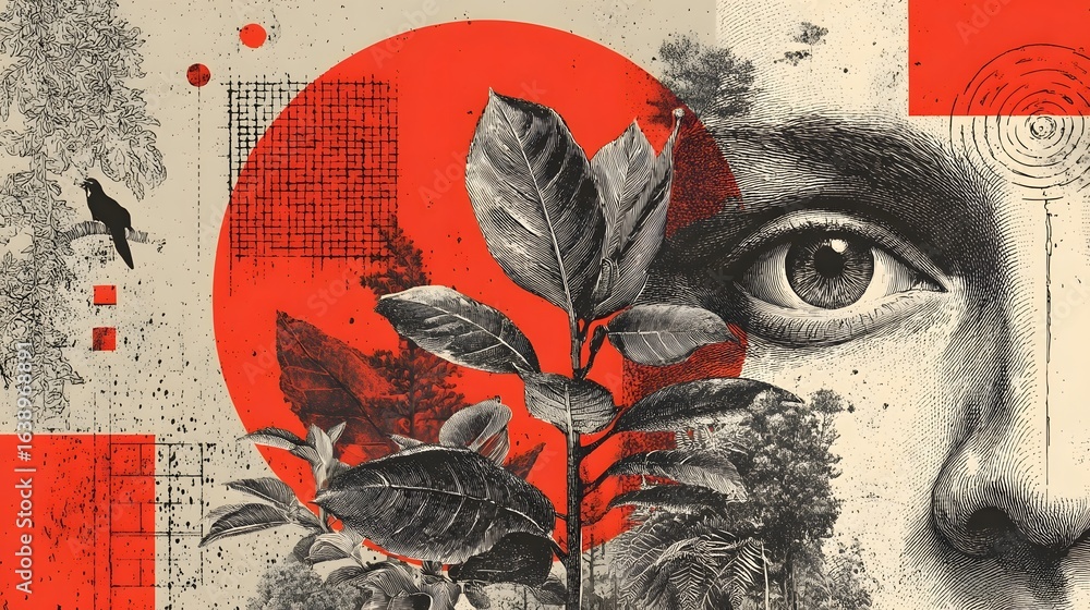 Poster a surreal digital collage depicting a close up portrait with organic leaves and abstract geometric p