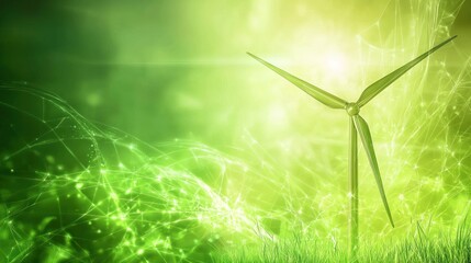 A wind turbine standing in a green field with a network of lines and glowing green lights in the background.