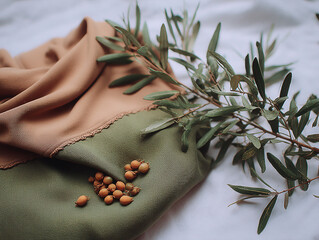 Soft fabric draped elegantly with scattered seeds and olive branches on a light background