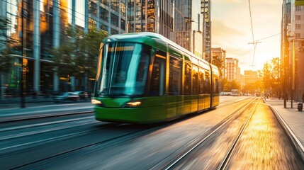 A green and yellow tram on a city street at sunset.