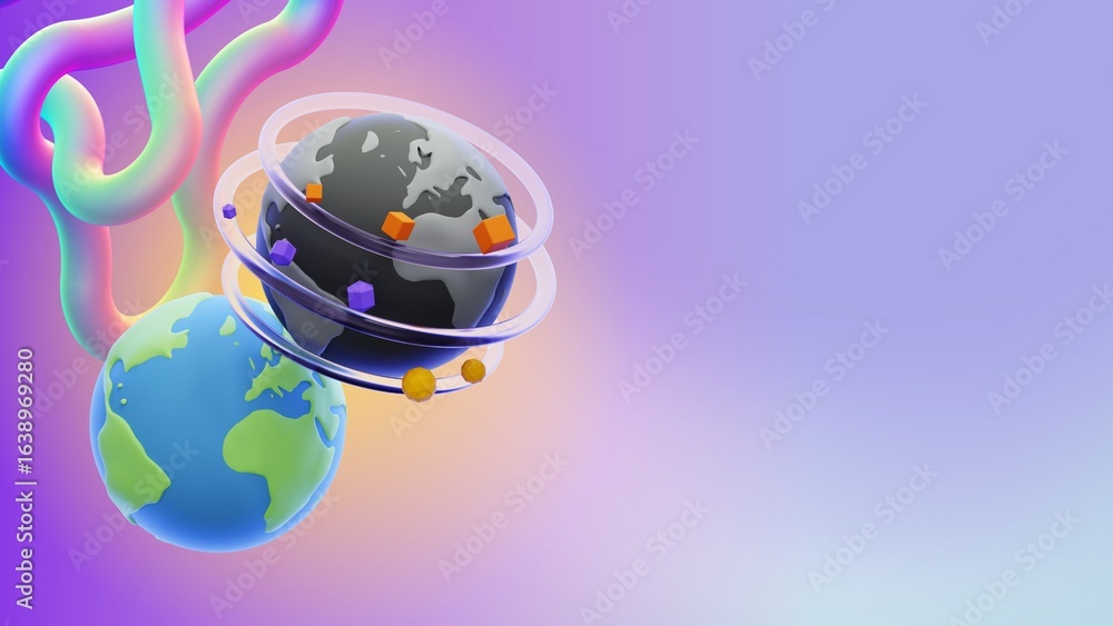 Poster abstract 3d rendering of globes with colorful swirls and geometric shapes
