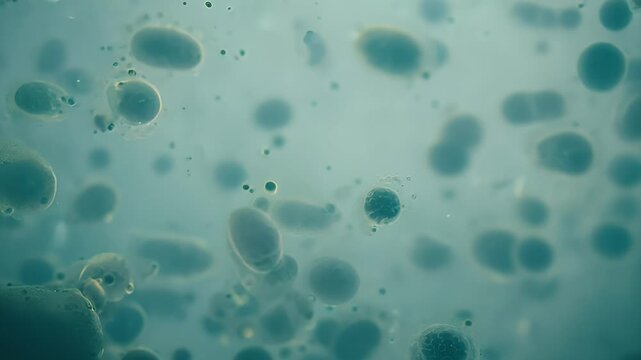 Microscopic ecosystem showing diverse microflora and fauna, bacteria moving through viscous liquid