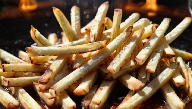 Close-up of crispy fries sizzling in hot oil, showcasing texture, golden color, and cooking process.
