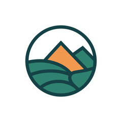 Fototapeta premium Circular logo featuring stylized mountain landscape with sun and green hills