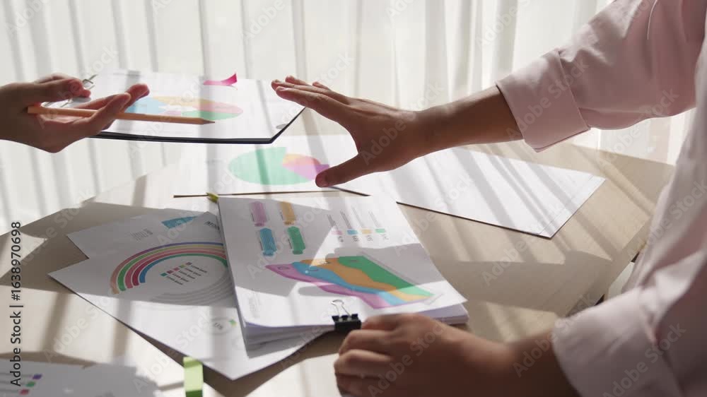Poster startup employee working together, analyzing bi dashboard paper on financial data report but reject 
