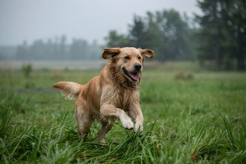 Joyful golden retriever dog running through a grassy field on a misty day