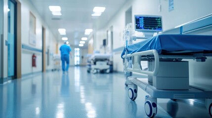 A hospital hallway with medical equipment and a patient bed.