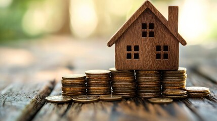 A wooden house model on a stack of coins on a wooden table with a blurred green background.