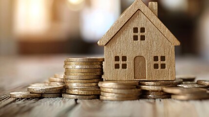 A wooden house model on a stack of coins on a wooden table.