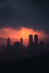 Obraz premium City skyline at sunset, silhouetted against a dramatic sky.