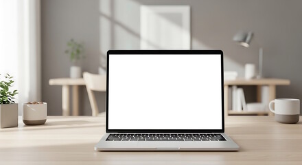 Fototapeta premium A single modern laptop with blank white screen placed at the center of a light wooden desk