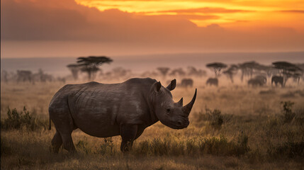 Fototapeta premium Rare northern white rhinoceros (Ceratotherium simum cottoni) standing gracefully in the expansive savanna.