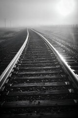 Fototapeta premium Fog-shrouded railway tracks stretching into the distance.