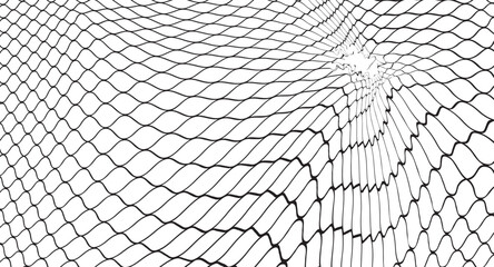 A rhythmic black grid undulates across a white backdrop, distorting near a central vanishing point to evoke a sense of depth, pattern, and dynamic movement in the monochrome composition