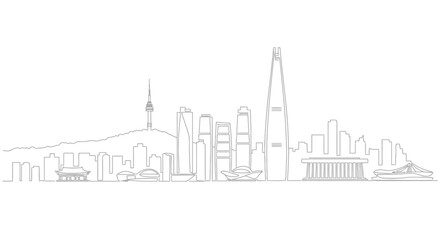 Seoul Skyline: A detailed outline of the Seoul skyline showcasing iconic architectural landmarks and monuments. Depicting the vibrant cityscape in clean lines, perfect for design projects.