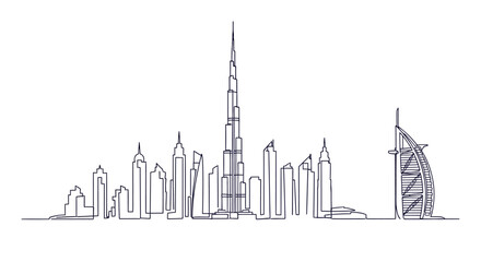 Obraz premium Dubai Skyline: A minimalist line drawing showcasing the iconic skyline of Dubai, capturing the essence of the city's architectural marvels.