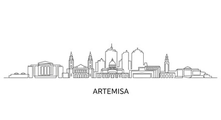 Artemisa Skyline: A minimalist line drawing of the Artemisa, showcasing its unique architectural silhouette, perfect for travel brochures or urban design concepts.