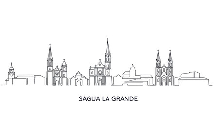 Obraz premium Sagua la Grande Cityscape Silhouette: A minimalist line art illustration capturing the iconic skyline of Sagua la Grande, showcasing its unique architectural silhouettes.