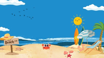Cheerful cartoon beach scene with sun, crab, and surfboards
