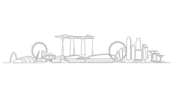 Singapore Skyline: A clean line art depiction of the iconic Singapore skyline showcases architectural marvels, illustrating the city's modernity and urban design with a minimalist approach.