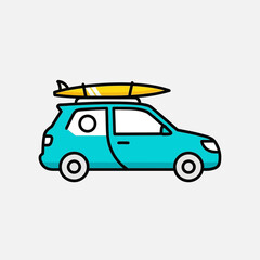 Car with surfboard on roof rack ready for travel.