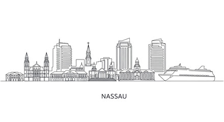 Nassau Skyline Silhouette: An evocative minimalist line art depiction of Nassau's iconic skyline, featuring prominent buildings and landmarks that capture the city's character.