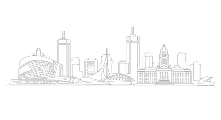 City Skyline: A minimalist line art representation of a city skyline, with iconic buildings and structures silhouetted against the sky.