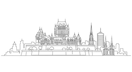 Fototapeta premium Quebec City Architectural Silhouette: A stark, minimalist linear illustration depicts the iconic skyline of Quebec City, emphasizing the grandeur of its architecture and historical significance.