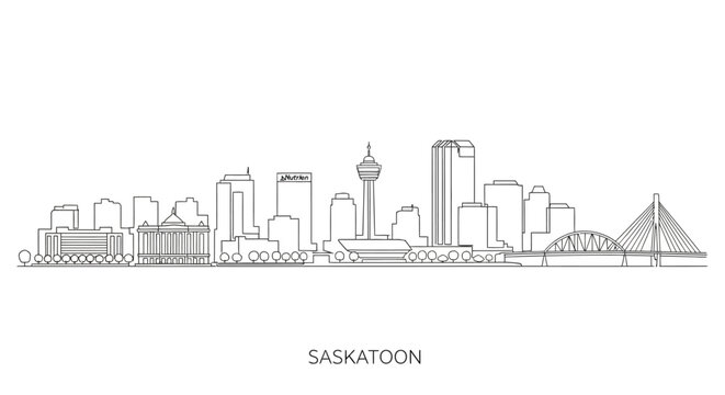 Saskatoon Cityscape Skyline: A detailed line-art illustration showcasing the iconic skyline of Saskatoon. capturing the architectural essence of the city.