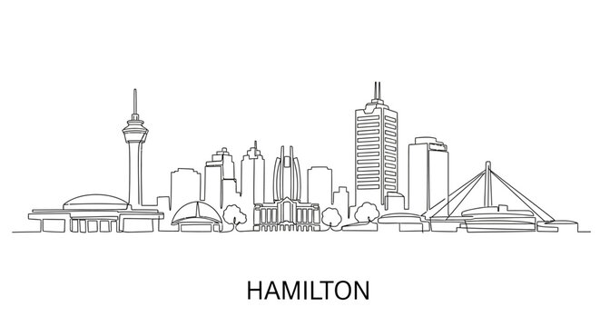 Hamilton Cityscape Outline: A minimalist, line-art illustration of the Hamilton skyline, capturing the essence of the city's architectural features in a clean and elegant design.