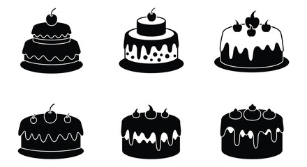 Collection of Six Unique Black and White Cake Icons Illustration with Candles