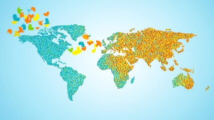 Fototapeta premium World map illustration created with colorful dots and heart shapes connecting continents