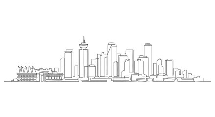 Naklejka premium Cityscape Silhouette: A minimalist, line-drawn panorama of a modern cityscape, representing a vibrant urban environment with an artistic touch.
