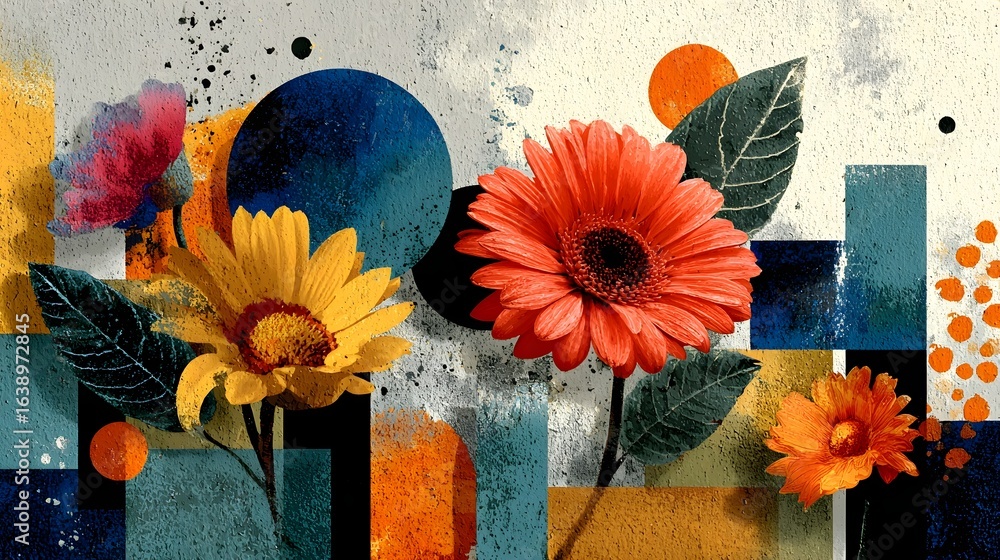 Poster a visually striking abstract composition featuring a colorful array of vibrant gerbera daisies and s