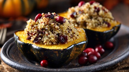Acorn squash stuffed with quinoa and cranberries, rustic plate and autumn colors