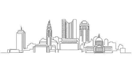 Cityscape Silhouette: A minimalist line drawing captures the essence of an urban skyline, featuring iconic architecture and landmarks, symbolizing the energy and identity of a city.