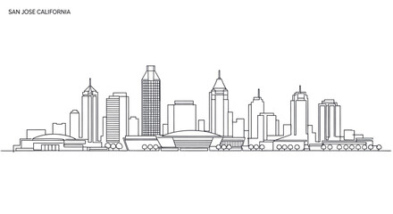 Fototapeta premium San Jose Skyline: A minimalist line art illustration presents the iconic skyline of San Jose, California, capturing the city's urban architecture in an elegant, simplified form.