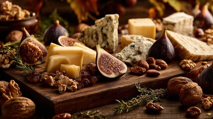 Autumn charcuterie board with figs, cheeses, and roasted nuts, wooden surface, earthy tones