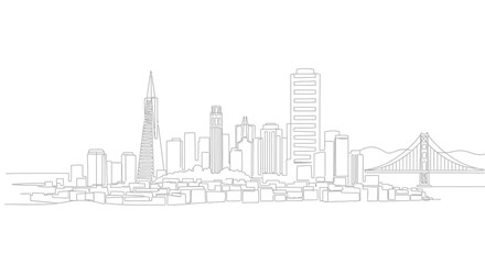 Obraz premium San Francisco Skyline: A minimalistic and precise line drawing showcases the iconic San Francisco skyline, with the Golden Gate Bridge and diverse architectural marvels, emphasizing urban grandeur.