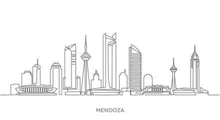Fototapeta premium Mendoza City Skyline: A sleek, monochromatic line drawing showcases the iconic skyline of Mendoza, Argentina, highlighting the city's architectural marvels and urban elegance.