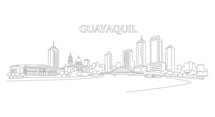 Guayaquil Skyline in minimalist drawing: A clean, minimalist illustration of the Guayaquil skyline, highlighting the city's architectural silhouette with simple lines and attention to detail.