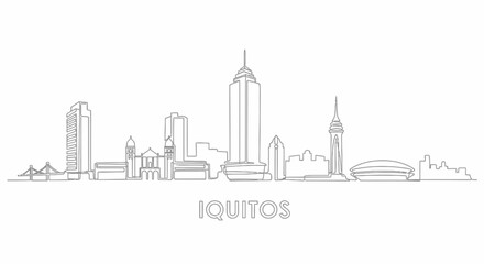 Iquitos Cityscape Outline: An artistic line drawing portrays the distinctive urban skyline of Iquitos, Peru, showcasing its notable architectural elements against a clean backdrop.