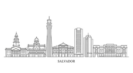 Obraz premium Salvador's Architectural Silhouette: A minimalist monochrome outline of Salvador's skyline, showcasing its iconic buildings, towers, and the city's unique architectural character. 