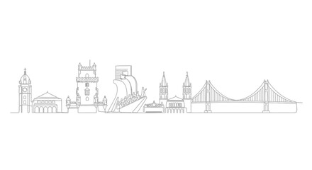 Fototapeta premium Lisbon's Skyline: A minimalist line drawing showcasing the iconic landmarks of Lisbon, Portugal, against the serene horizon, capturing the essence of the city's architectural beauty.