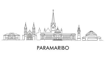 Fototapeta premium Paramaribo Skyline: A clean, architectural line drawing presents the skyline of Paramaribo, Surinam, showcasing notable buildings and structures in minimalist detail. 