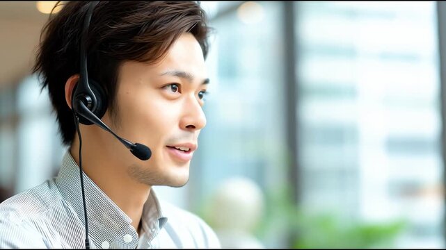 ヘッドセットを着けた男性オペレーターのポートレート｜男性, オペレーター, コールセンター, 顧客対応, ヘッドセット, 笑顔, ビジネス, サポート, カスタマーサービス, 