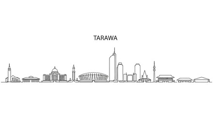 Obraz premium Tarawa Skyline: A minimalist monochrome depiction of the Tarawa skyline showcases the city's architectural marvels and urban grandeur in a continuous line drawing.
