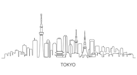 Tokyo Skyline Silhouette: A minimalist linear illustration of the Tokyo skyline, capturing its iconic buildings and towers. Clean lines and modern aesthetic.