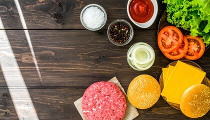Top-down flat lay of burger ingredients neatly arranged on a rustic wooden table Ingredients for a homemade beef burger on a table.